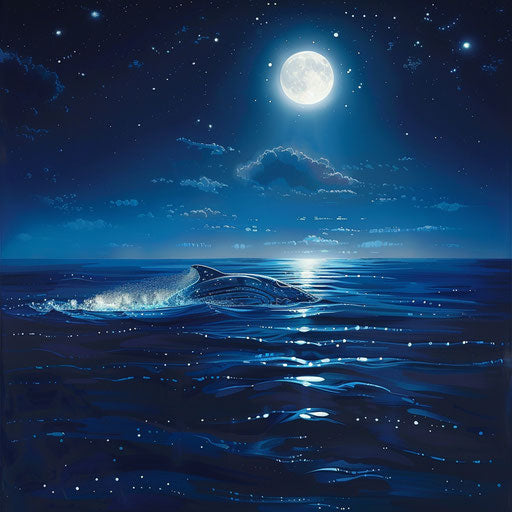Blue whale swimming under full moon