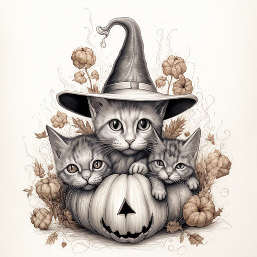 Witches hat with cats and pumpkins in black and white pencil drawing