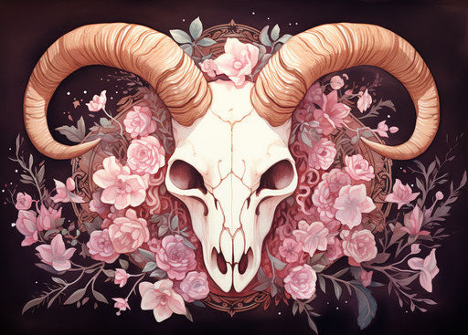 Red haired ram skull with horns and flowers