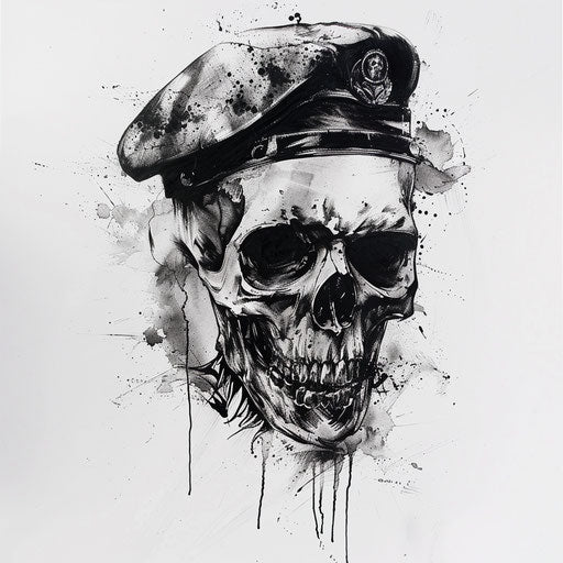 Gothic army skull with beret tattoo in black ink on white canvas