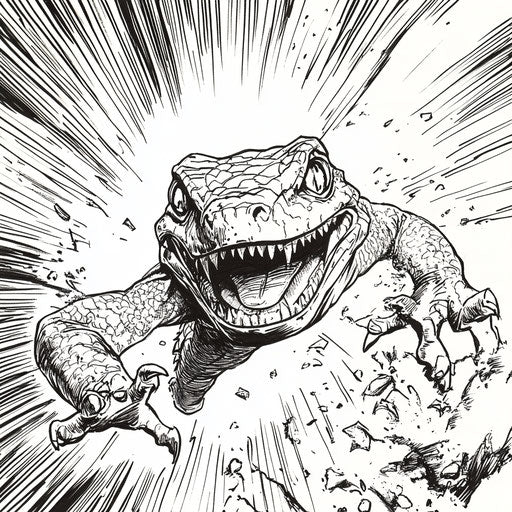 Lizard in action comic book style, coloring book page