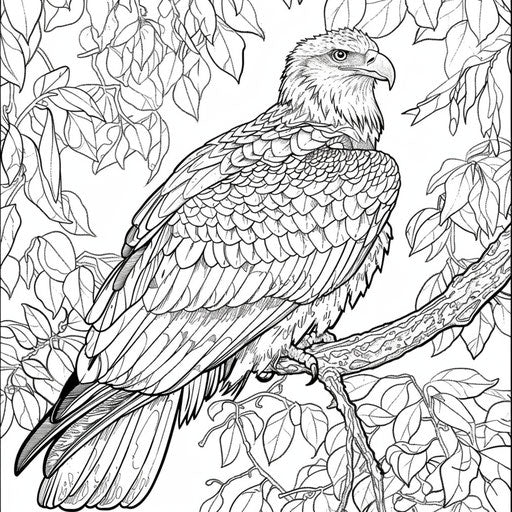 Eagle on detailed tree branch, coloring book page