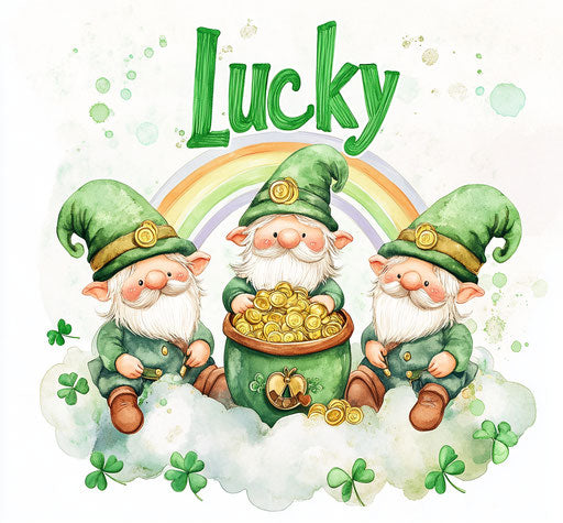 Three lucky gnomes on a cloud with a pot of gold and a rainbow