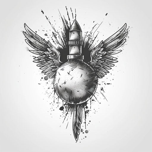Graphic tattoo design of a vintage bomb with wings on clean canvas