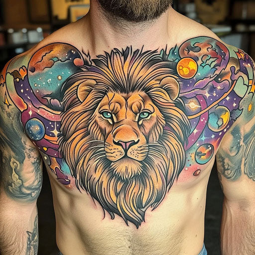 Lion chest tattoo with a lion in a cosmic setting with stars and planets