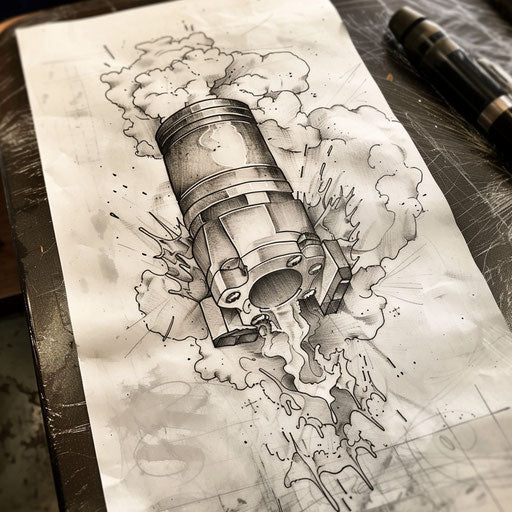 Dynamic tattoo sketch of a piston breaking through a cloud of smoke and sparks