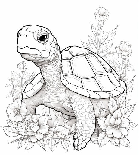 Cute turtle coloring page with flowers and leaves, in simplified, geometry-inspired style