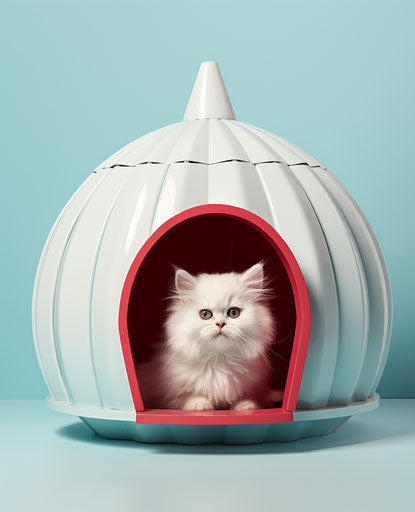 Tiny cat in empty house, light silver and blue, princecore