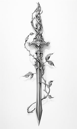 A tattoo of a sword with two vines and leaves