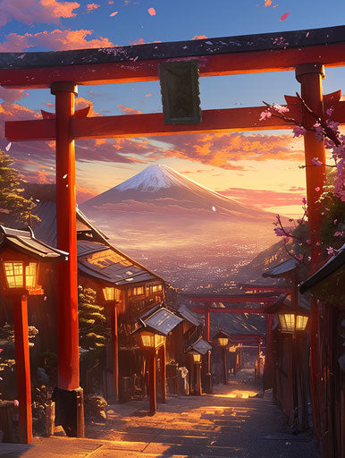 Path of red gates under the sunset