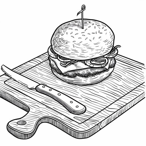 Burger on cutting board, knife and fork beside it