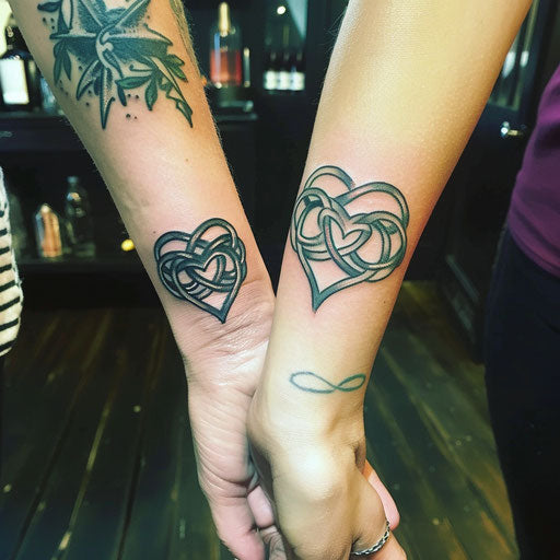 Mother and daughter tattoos of intertwined hearts on wrist