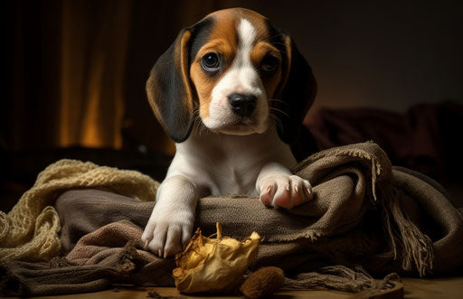 A beagle puppy chewing a bone