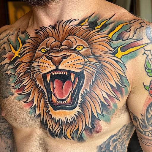 Roaring lion chest tattoo with lightning bolts
