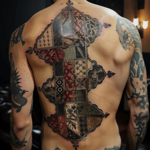 Medieval patchwork tattoo in the style of Adrian Smith