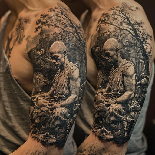 Spiritual tattoos of a Buddhist monk in meditation