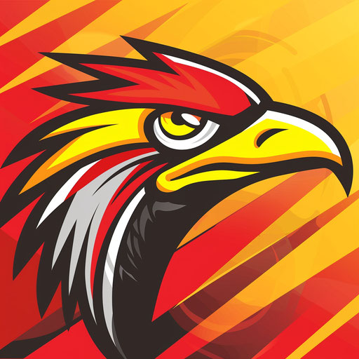 Classic sports logo in red and yellow, with a dynamic striped background