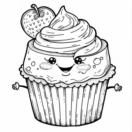 A cute cupcake with a smiling face and tiny arms