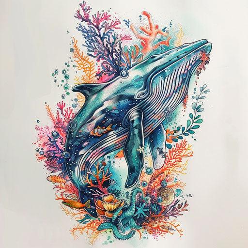 Oceanic tattoo sketch of a whale surrounded by sea creatures, in bright coral and aqua hues