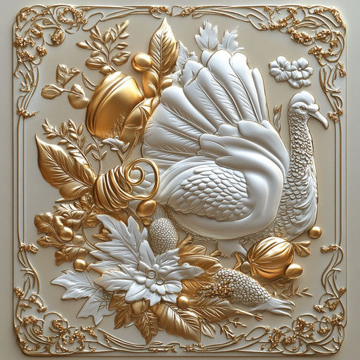 Elegant Thanksgiving invitation card, embossed with symbols of turkey, cornucopia, and harvest bounty, golden accents