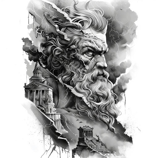Gothic style tattoo of Zeus with stormy skies backdrop