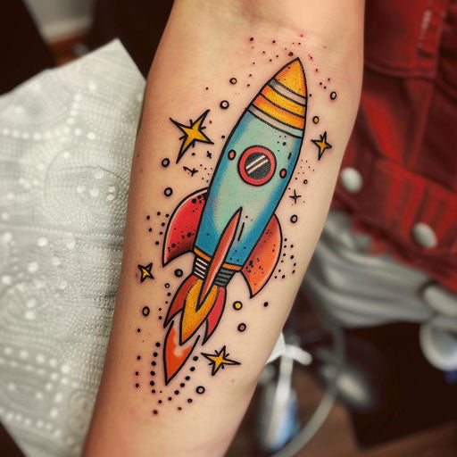 Artistic flat tattoo sketch of a whimsical cartoon rocket