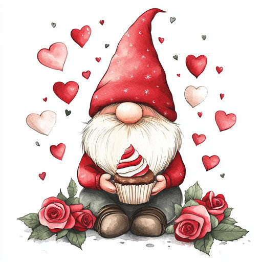 Valentine's Day gnome with red hat, holding cupcake surrounded by roses and hearts on white background. Cute clip art.