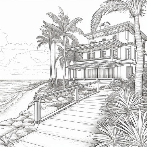 Coloring page of a tropical coast with palm trees and houses, detailed hyperrealism style