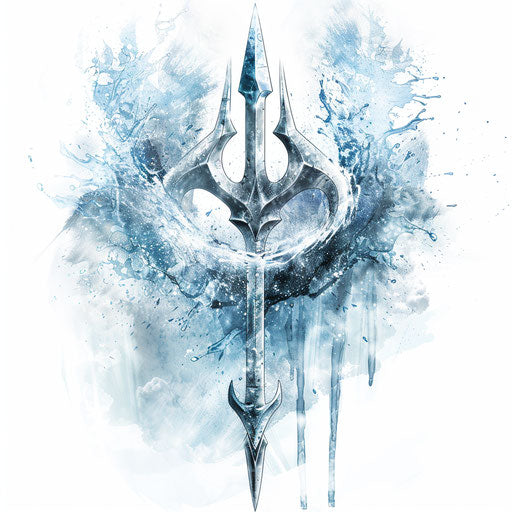 Photorealistic trident tattoo with shimmering water effects on white