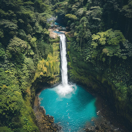 La Fortuna Waterfall with turquoise pools and rugged landscape