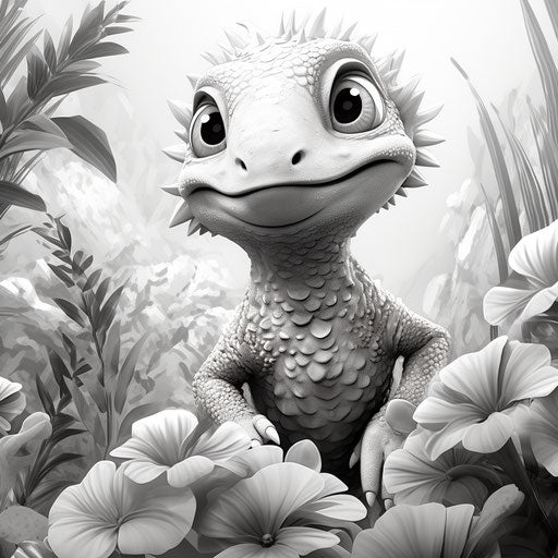 Baby dinosaur in jungle, black and white coloring pages