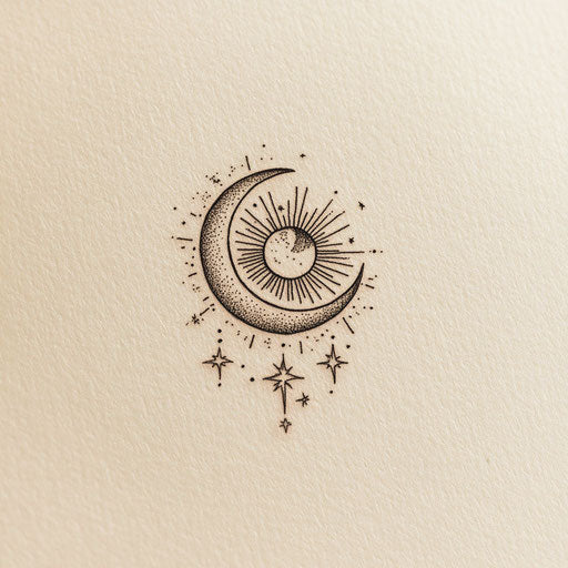 Flat tattoo sketch of small sun and moon design