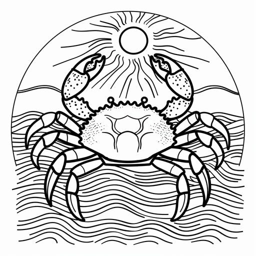 Crab with sun and waves, coloring book page