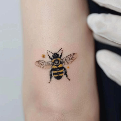 Small minimal bee tattoo design in black and yellow ink, showcased on white background