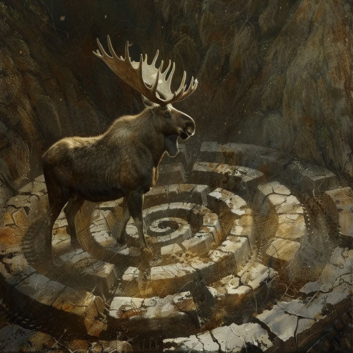A moose in the center of a labyrinth, a mythical guardian.