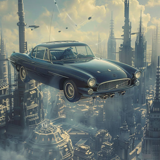 1966 retro-futuristic Volvo P1800 with hover conversion floating above a city of tomorrow
