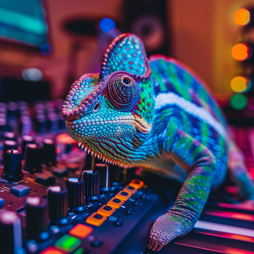 Shapeshifting chameleon in a music studio