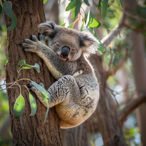 Koala in a eucalyptus tree, serene Australian bush setting