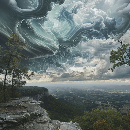 Lookout Mountain in Georgia with rolling clouds, dynamic sky, in the style of Lucas Foglia