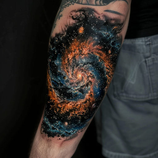 Elbow tattoo cosmic nebula J.P. Targete style
