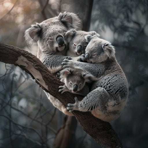 Family of koalas cuddling on a branch
