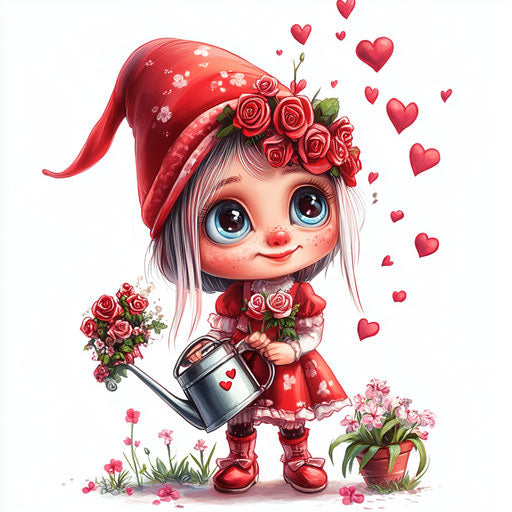 Cute pink gnome girl with watering can and flowers