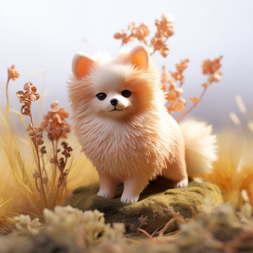 Small pomeranian standing in the grass, light orange and maroon style