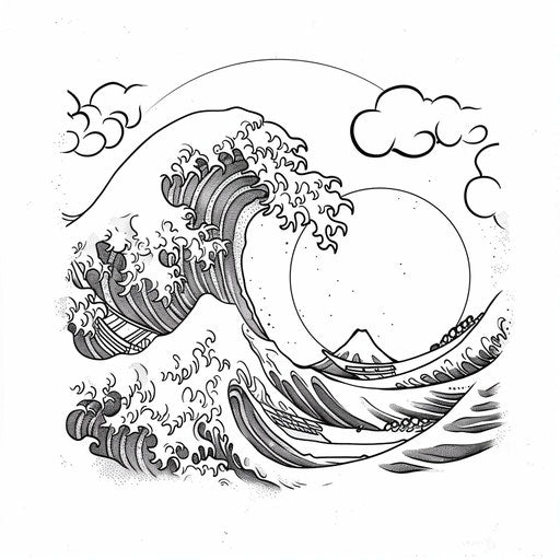 Flat tattoo sketch of a wave and sun in one continuous line