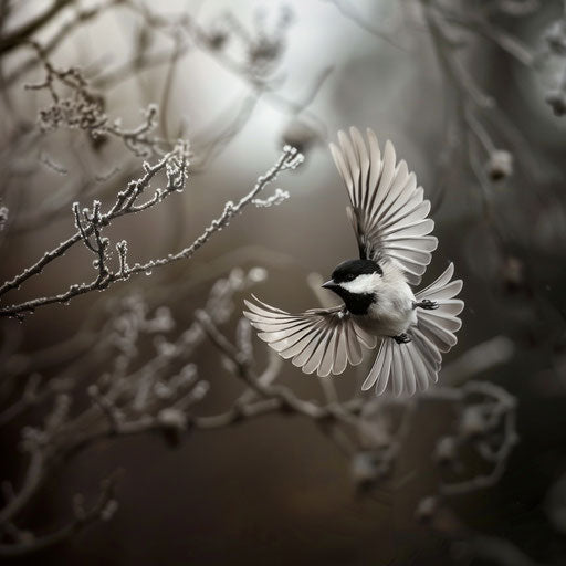 Chickadee bird in dynamic flight between branches, Marsel van Oosten style
