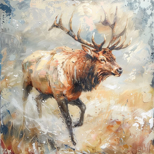 An elk painted in the style of impressionism, focusing on light and movement