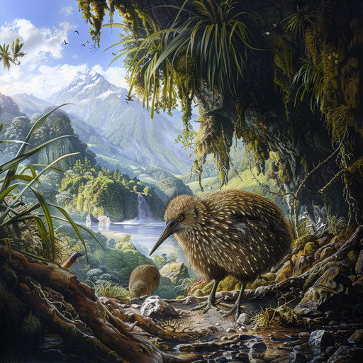 Panoramic view of a kiwi bird in its natural habitat