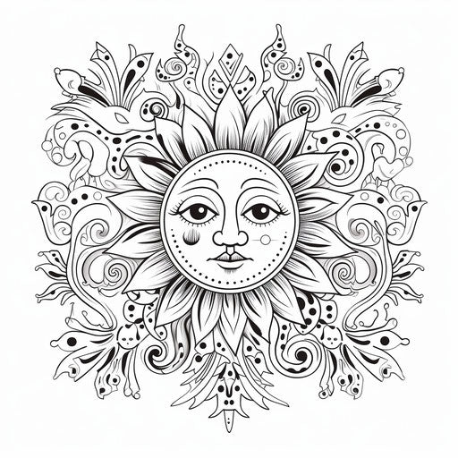 Sun tattoo coloring page, dreamlike illustration style