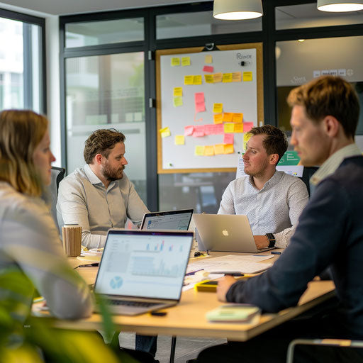 Developer team at sprint review in agile workspace