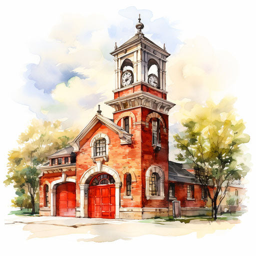 Fire station clipart in the style of Oil painting, on a white background